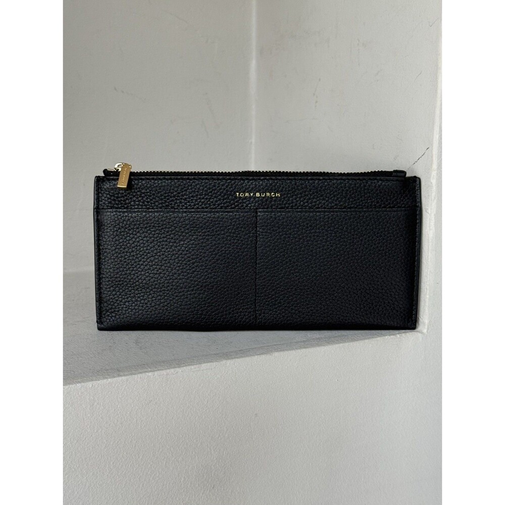 Tory Burch Women's Zip-Around Logo Wallet Black Credit Card Slots Classic